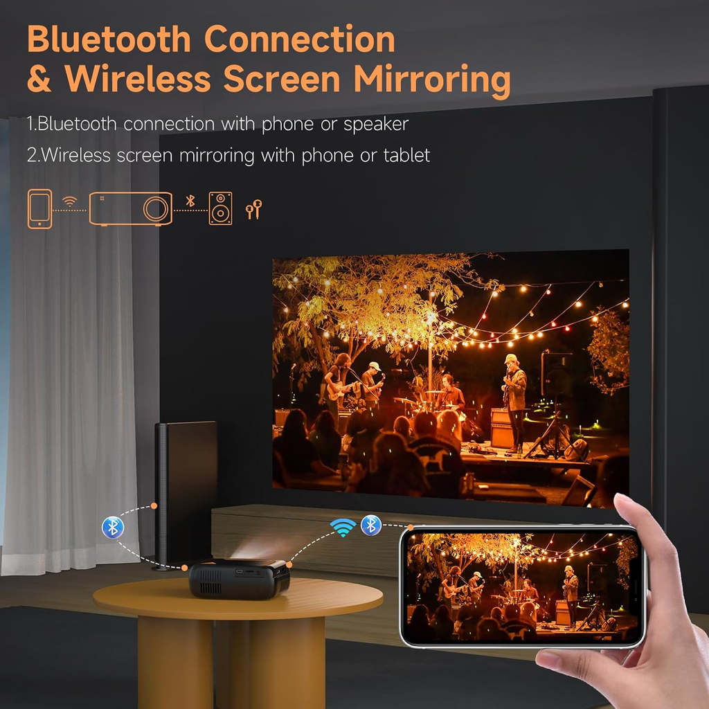 Mini Video Projector, Native 1080P Portable Movie Projector with Wifi Bluetooth, Compatible with Smart Phone, TV Stick, PS5, Laptop HDMI USB for Home Theater Indoor Outdoor Movies